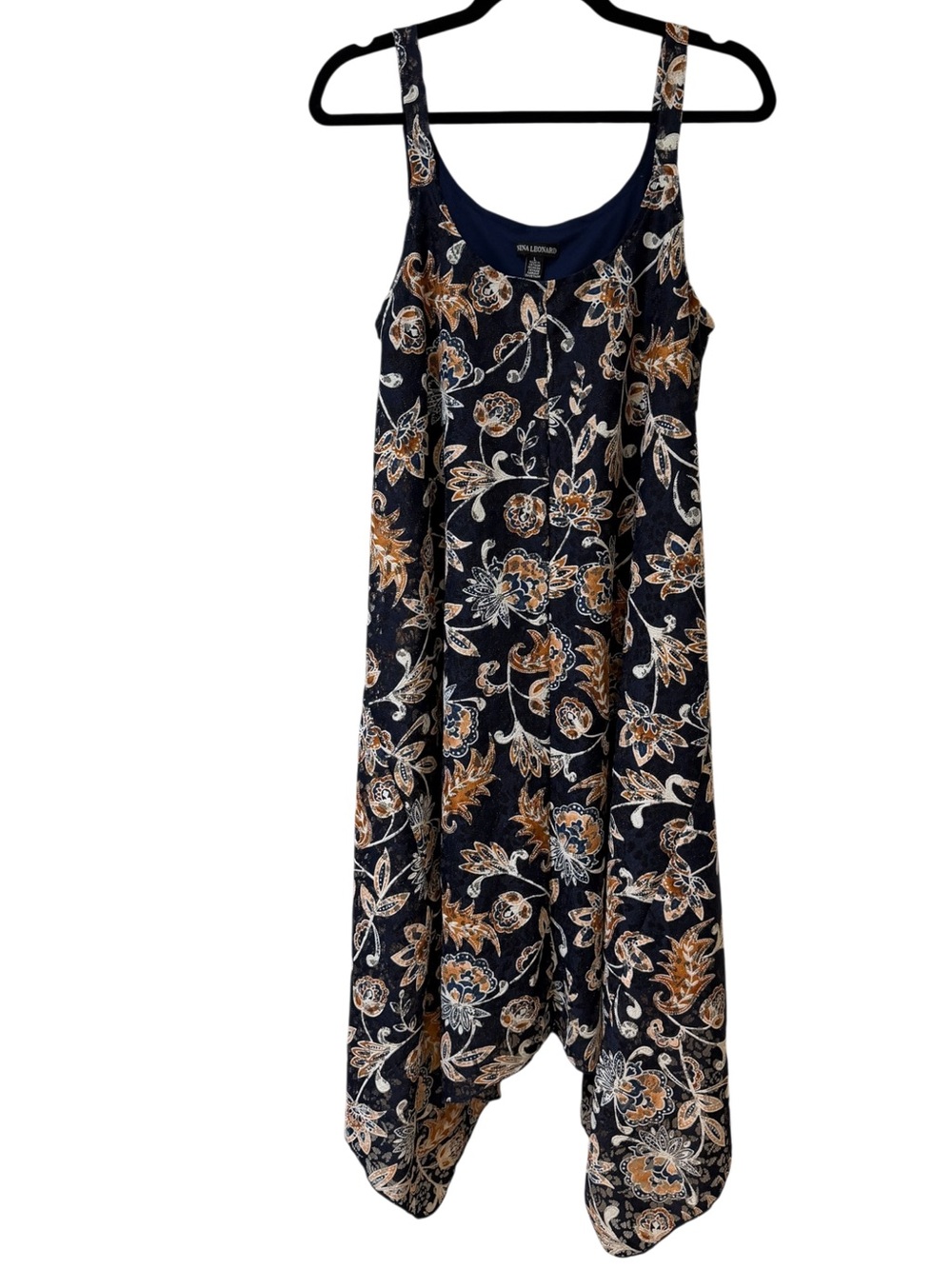 Nina Leonard Navy Floral Midi Dress with Tan & White Prints size Large
